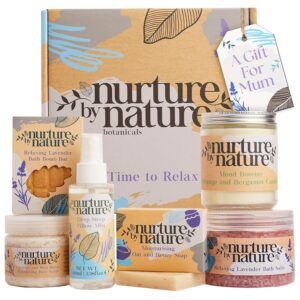 Nurture by Nature Spa Gifts for Women – Mothers Day Gifts for Mom, Self Care Gift Set & Spa Gift Basket for Women, 6 Piece Bath Set with Candle, Bath Bomb, Salts & Pillow Spray – Relaxation Gifts