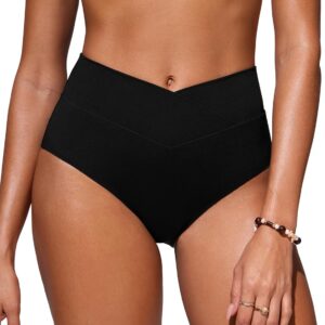 CRZ YOGA High Waisted V Cut Bikini Bottom for Women – Cross Front Bathing Swimsuit Full Coverage Swim Briefs