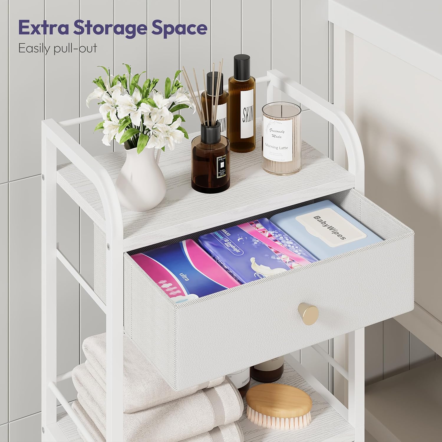 SWTYMIKI 14.57"x32.28" Bathroom Storage Cabinet – Freestanding Toilet Paper Storage with Doors & Drawer, Bathroom Organizers and Storage for Small Spaces, Laundry Room, Ideal for Towels, White - Image 6
