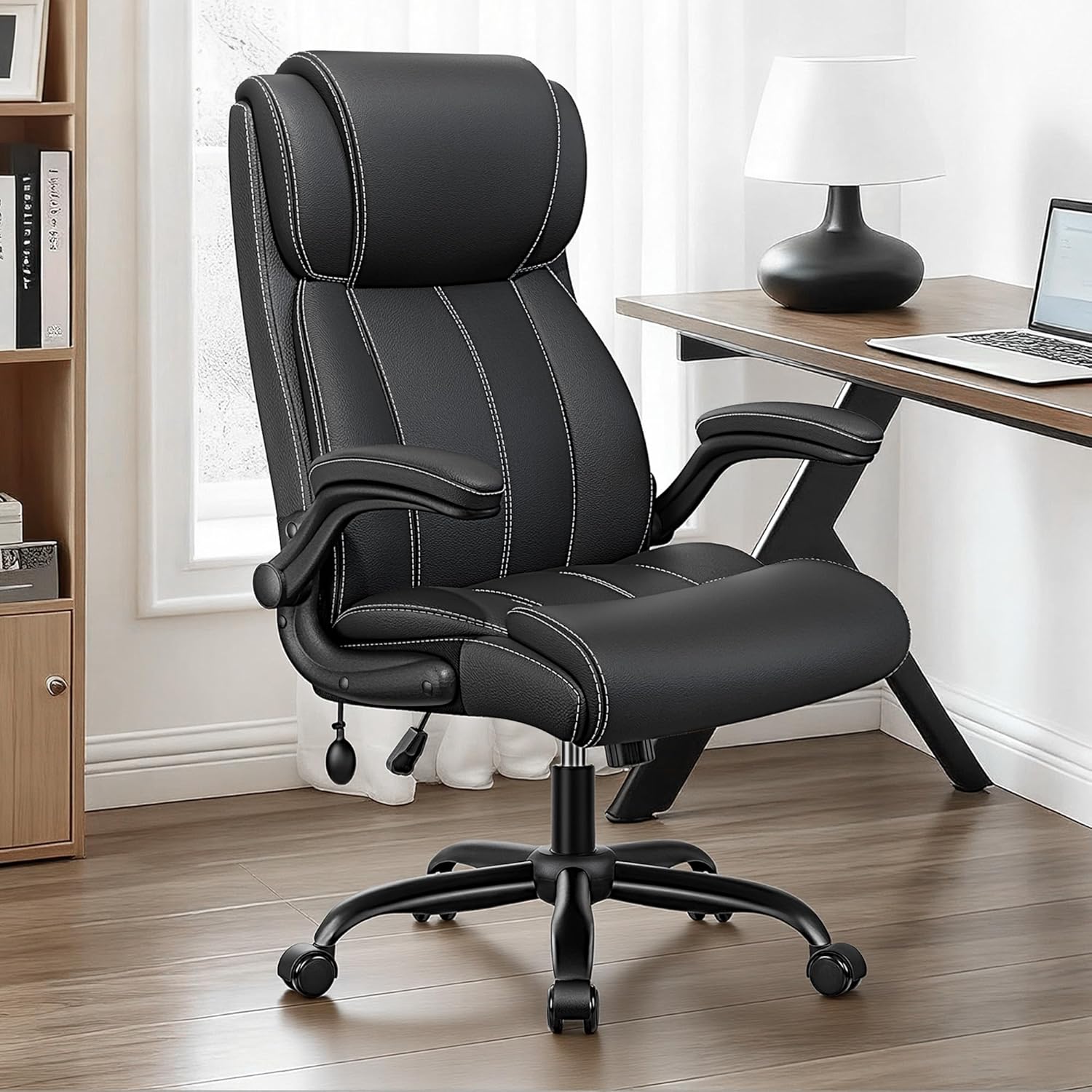 BESTFAIR Ergonomic Office Chair - Desk Computer Chair, Leather High Back Executive Chairs with Adjustable Lumbar Support & Flip Up Arms, Rocking, Black - Image 2