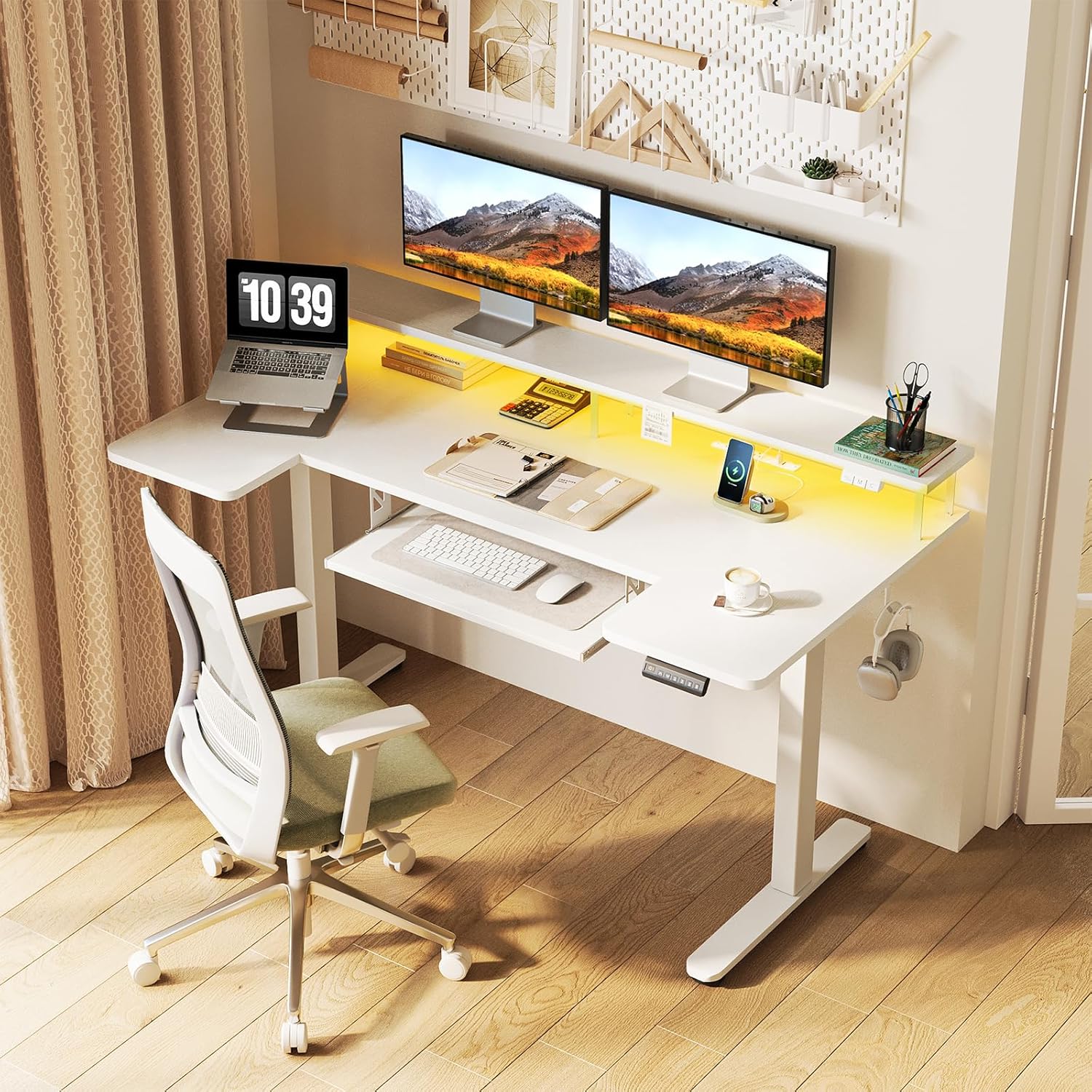 OffiGo U Shaped Electric Standing Desk with Keyboard Tray, 55 Inch Height Adjustable Desk with Power Outlets & LED Lights, Sit Stand Table with Monitor Stand for Home, Office, White - Image 2