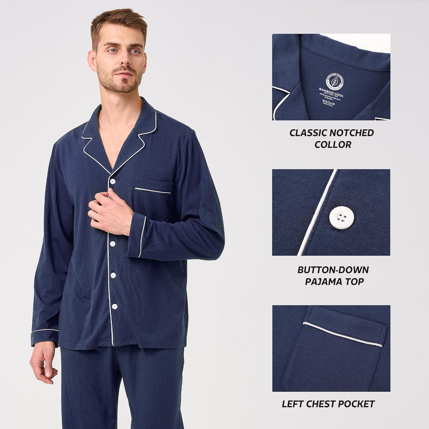 BAMBOO COOL Mens Pajama Set Bamboo Viscose Cotton Soft Lightweight Loungewear Sleepwear Long Sleeve and Pants with Pockets - Image 4