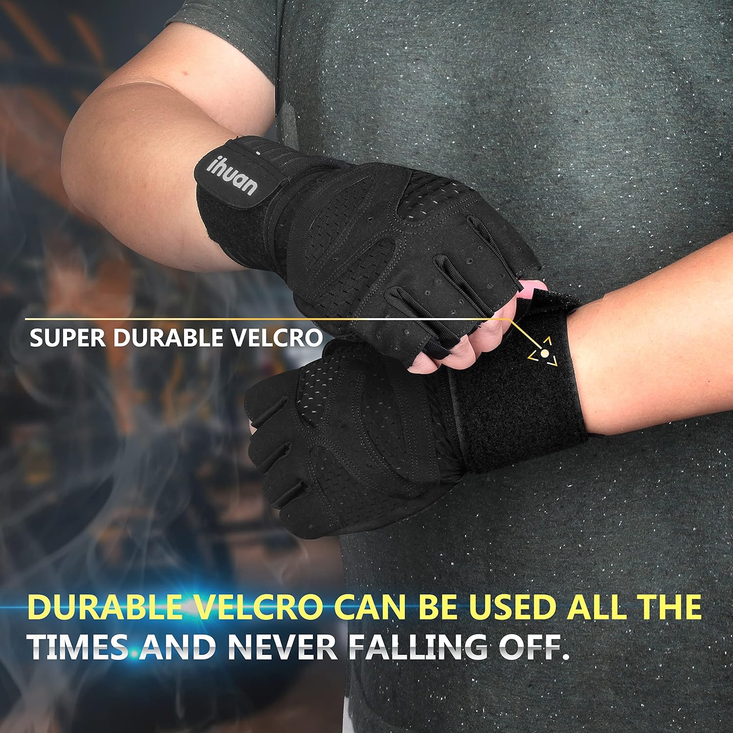 ihuan Ventilated Weight Lifting Gym Workout Gloves with Wrist Wrap Support for Men & Women, Full Palm Protection, for Weightlifting, Training, Fitness, Hanging, Pull ups - Image 4