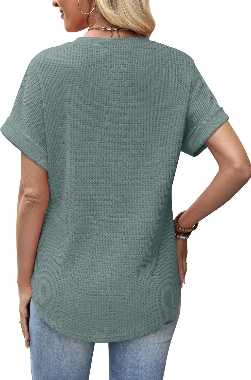 Sampeel Summer Tops for Women 2026 Trendy Rolled Short Sleeve Shirts Waffle Knit Crew Neck Tops Curved Hem Fashion Clothing - Image 5