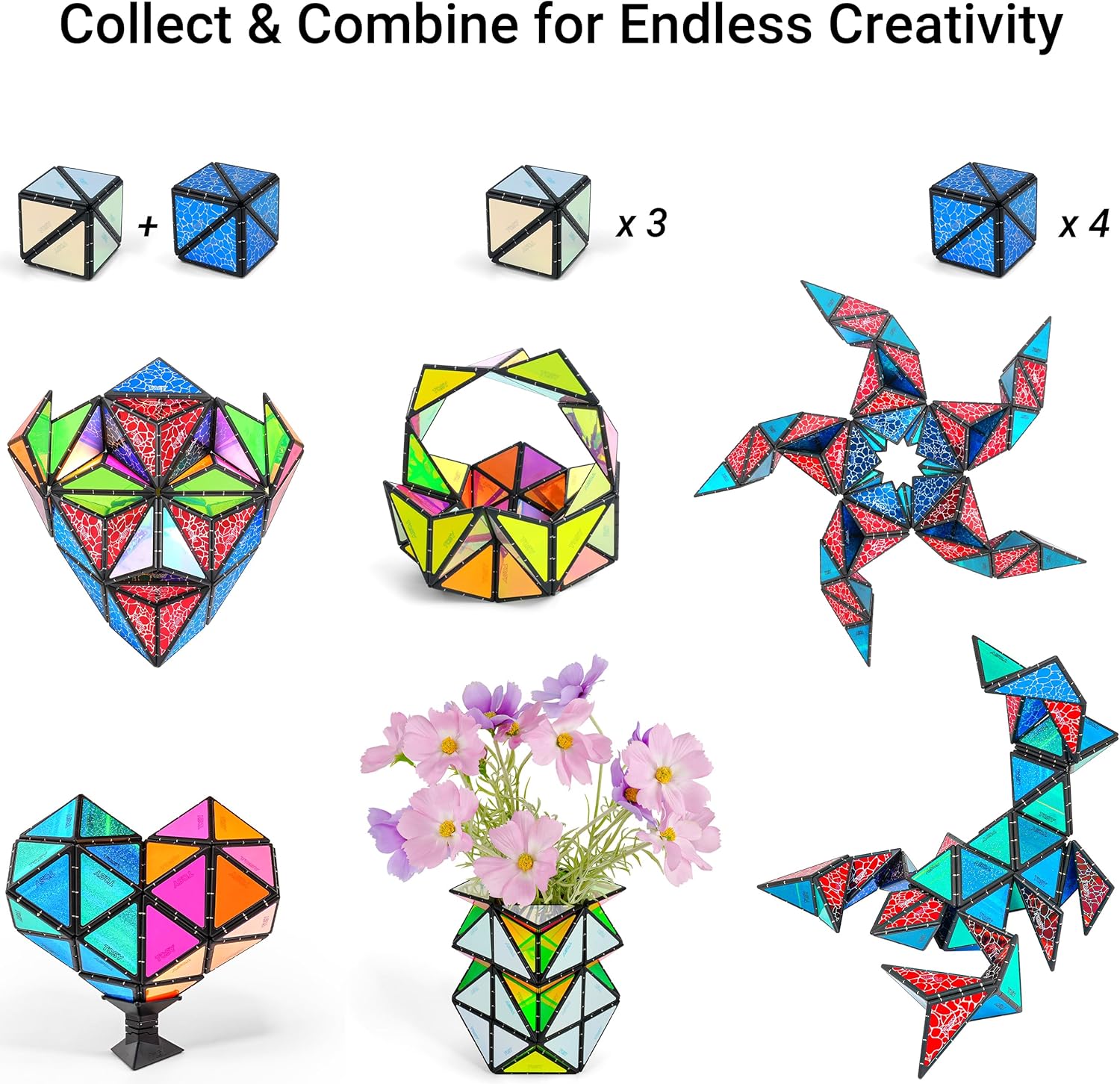 TOSY Magnet Pyramid Stone - 1 Cube Transforms into 1 Billion Shapes (Bunny, Egg Basket, Flowers, Heart), Easter Birthday Gift, 12 pcs, 243 Magnets, Holographic Design, Puzzle/STEM Toy - Image 9