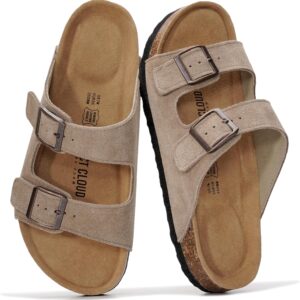 Project Cloud 100% Genuine Leather Flat Sandals For Women 2026 Cork Footbed Womens Sandals with Memory Foam and arch support Vacation Essentials Slides for Women Footwear (Venita)