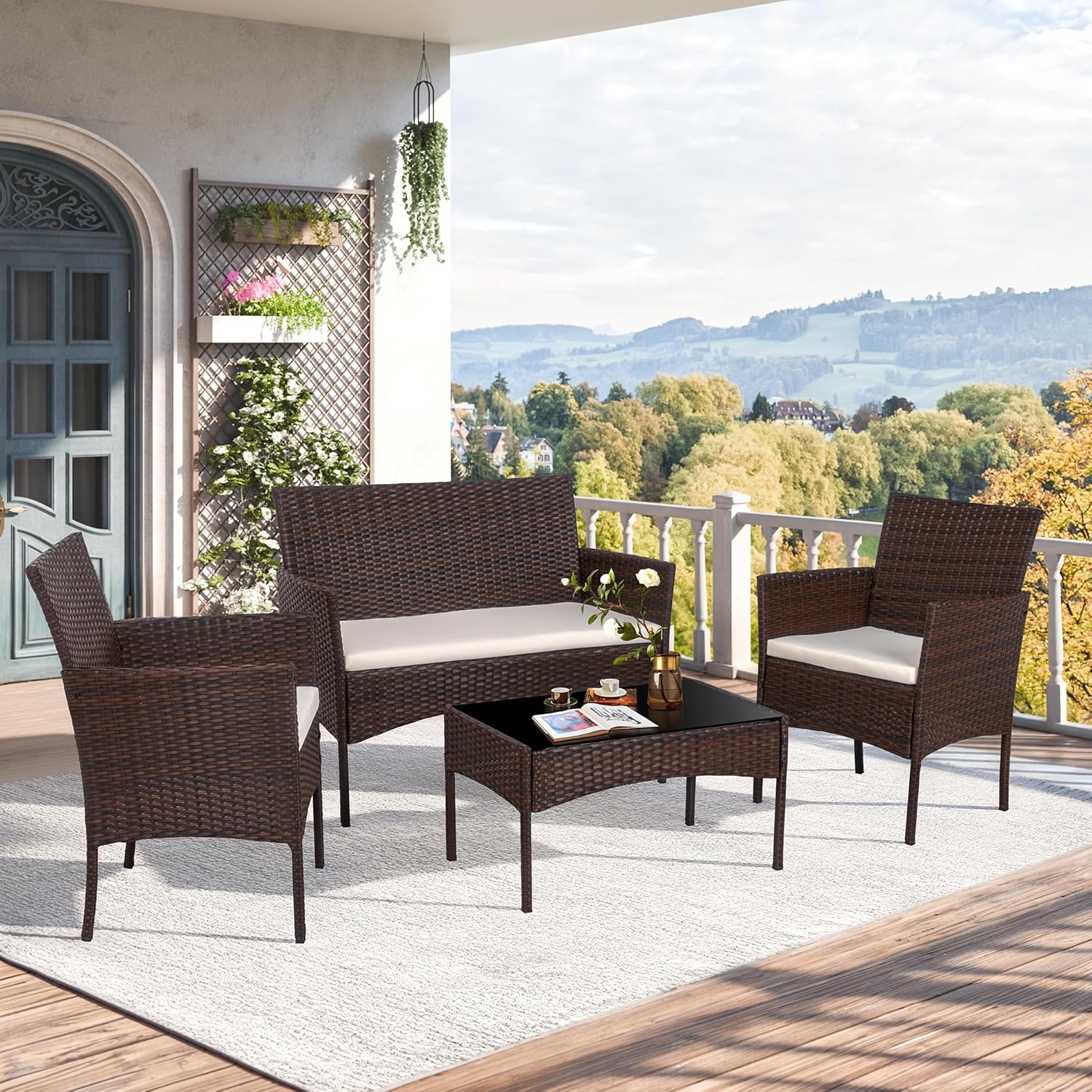 Shintenchi 4 Piece Outdoor Patio Furniture Set, Wicker Rattan Patio Conversation Set, Outdoor Chairs and Loveseat with Coffee Table for Porch, Yard & Poolside (Brown) - Image 2