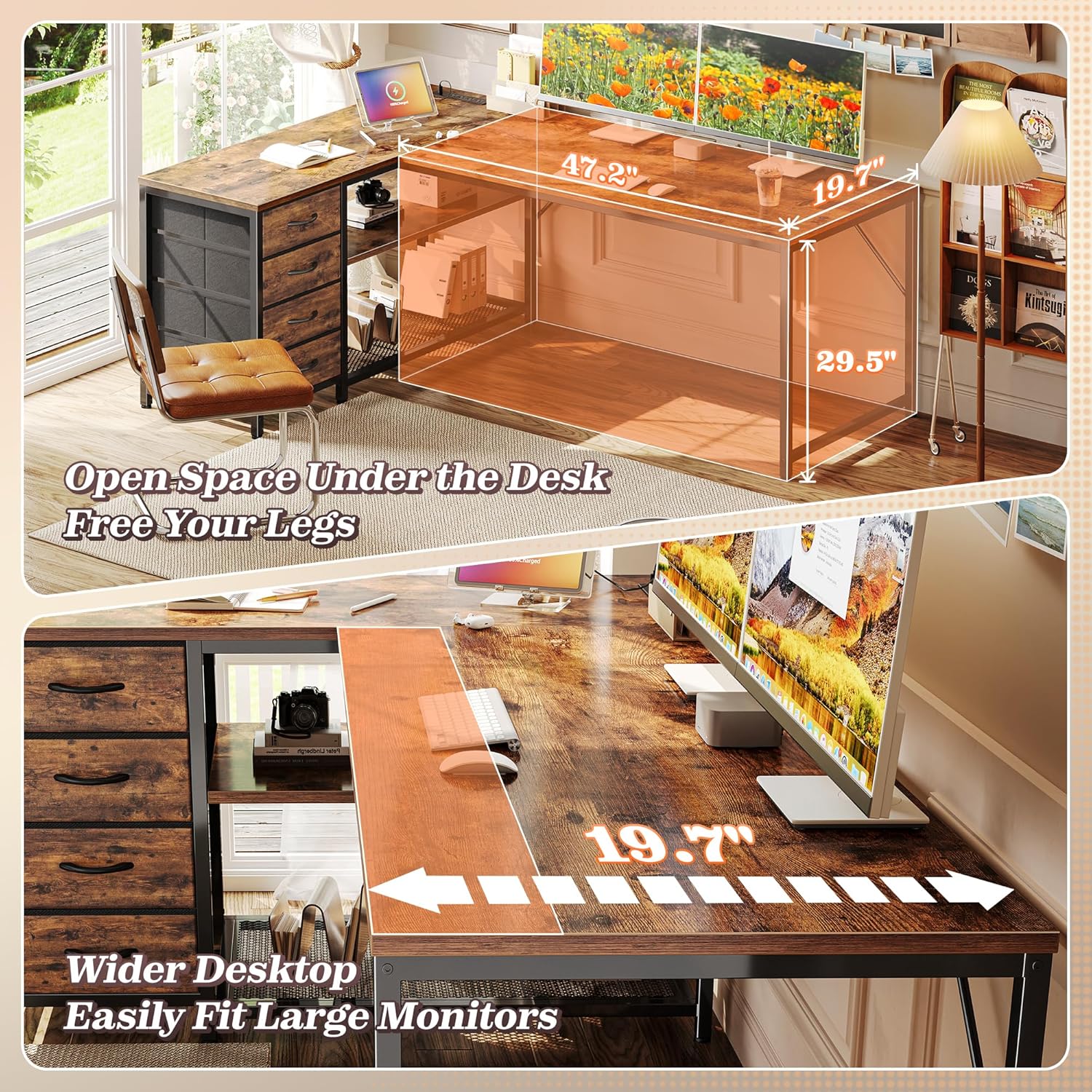 PRAISUN 61" L Shaped Desk with Power Outlets and USB-C Port, Reversible Computer Corner Office Desk with 4 Fabric Drawers and 2 Height-Adjustable Shelves, Large for Gaming Writing Study, Rustic Brown - Image 6