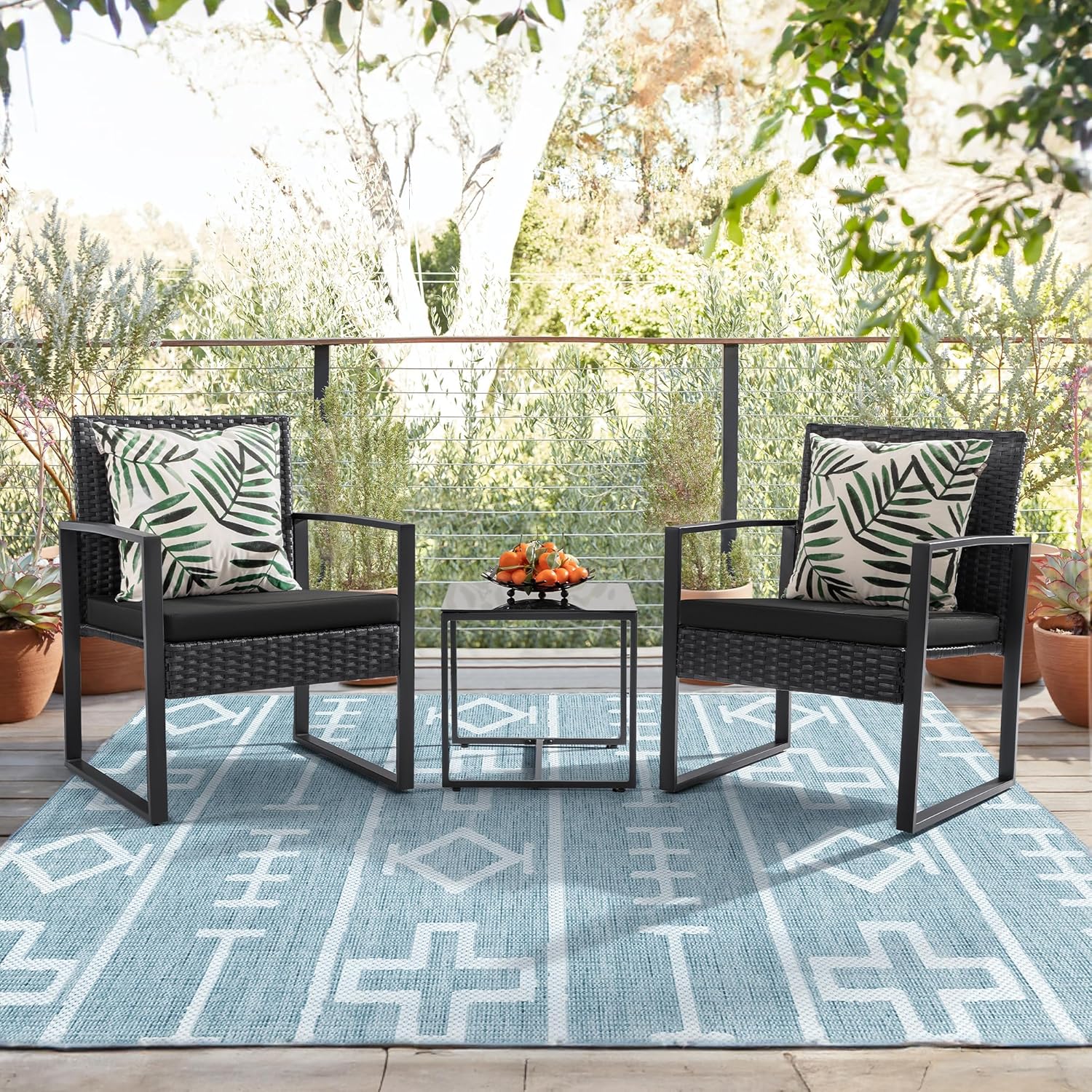 Flamaker 3 Pieces Outdoor Patio Wicker Furniture Set, Modern Rattan Chair Conversation Sets with Coffee Table for Yard and Bistro (Black) - Image 5