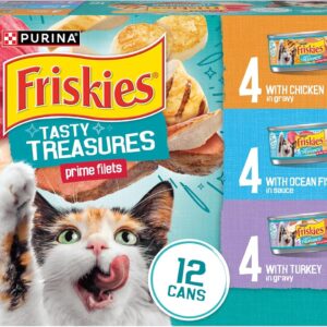 Purina Friskies Wet Cat Food Variety Pack, Tasty Treasures Prime Filets (With Ocean Fish and Tuna, With Chicken and With Turkey) – 5.5 Ounce (Pack of 12)