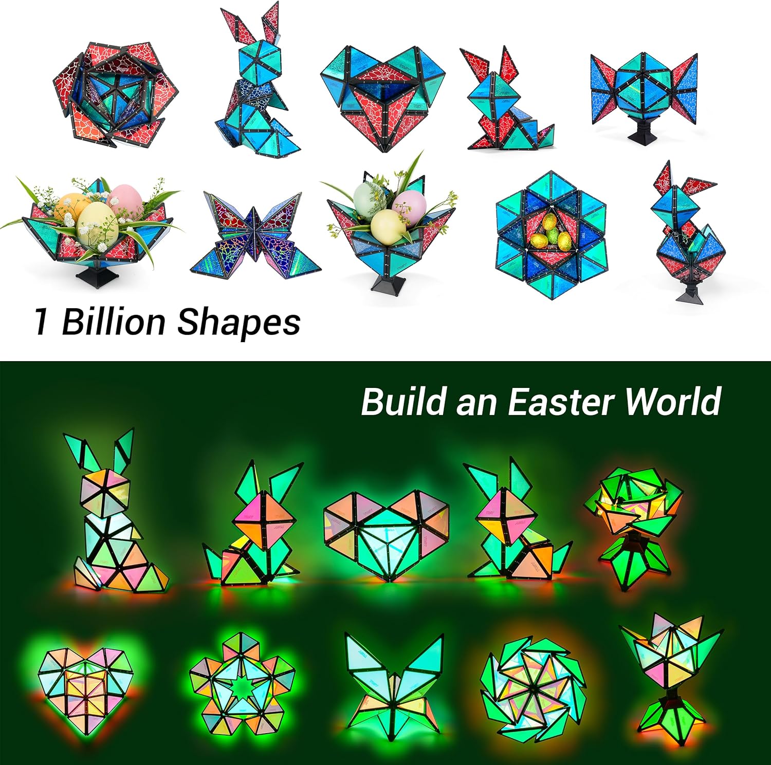 TOSY Magnet Pyramid Stone - 1 Cube Transforms into 1 Billion Shapes (Bunny, Egg Basket, Flowers, Heart), Easter Birthday Gift, 12 pcs, 243 Magnets, Holographic Design, Puzzle/STEM Toy - Image 3
