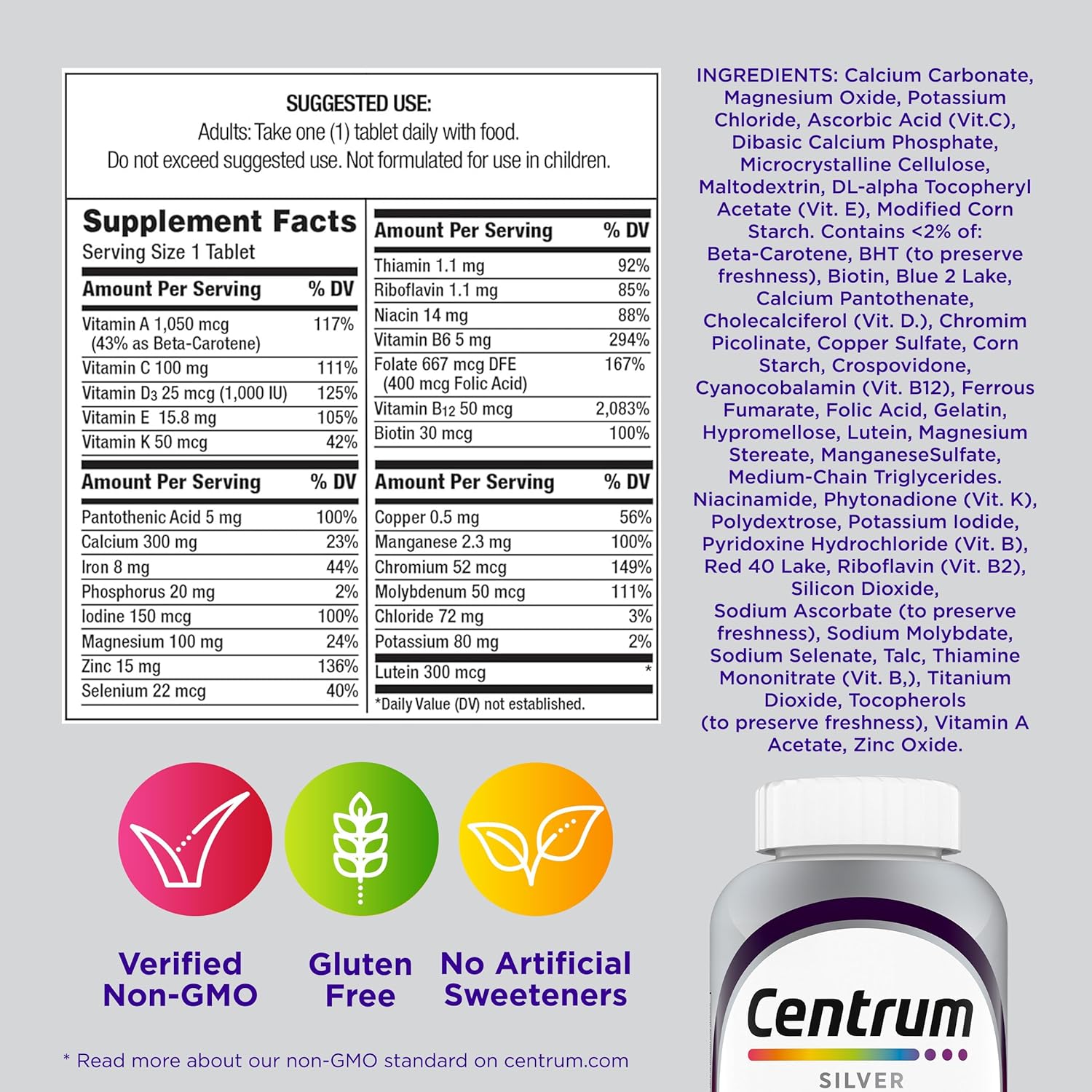 Centrum Silver Women's Multivitamin for Women 50 Plus, Multivitamin/Multimineral Supplement with Vitamin D3, B Vitamins, Non-GMO Ingredients, Supports Memory and Cognition in Older Adults - 200 Ct - Image 9