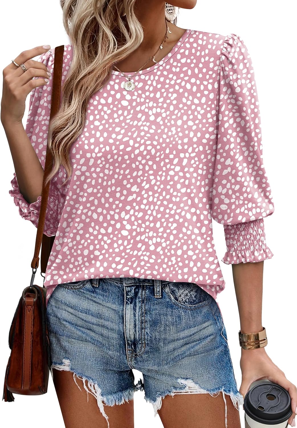 XIEERDUO Blouses for Women Dressy Casual 3/4 Length Sleeve Womens Tops with Smocked Cuffs - Image 3