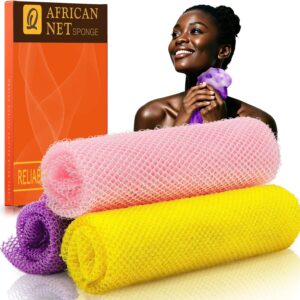 UJFQBH 3 Pieces African Bath Sponge African Net Long Net Bath Sponge Exfoliating Shower Body Scrubber Back Scrubber Skin Smoother,Great for Daily Use (Pink,Yellow,Purple)