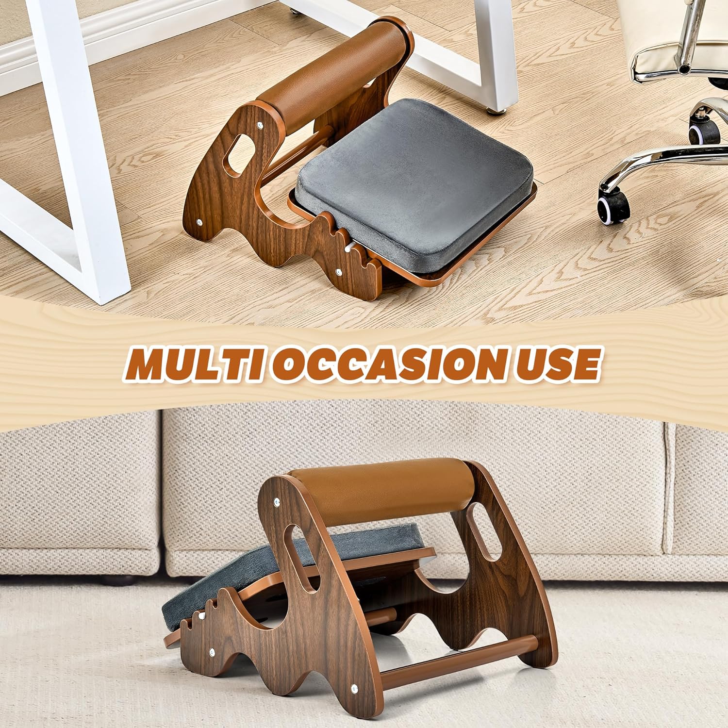 Spacocld Foot Rest for Under Desk at Work- Adjustable Rocking Foot Stool with 3 Height Position and Soft Crossbar, Ergonomic Wooden Footrest with Soft Sponge Pad for Home, Office - Image 6