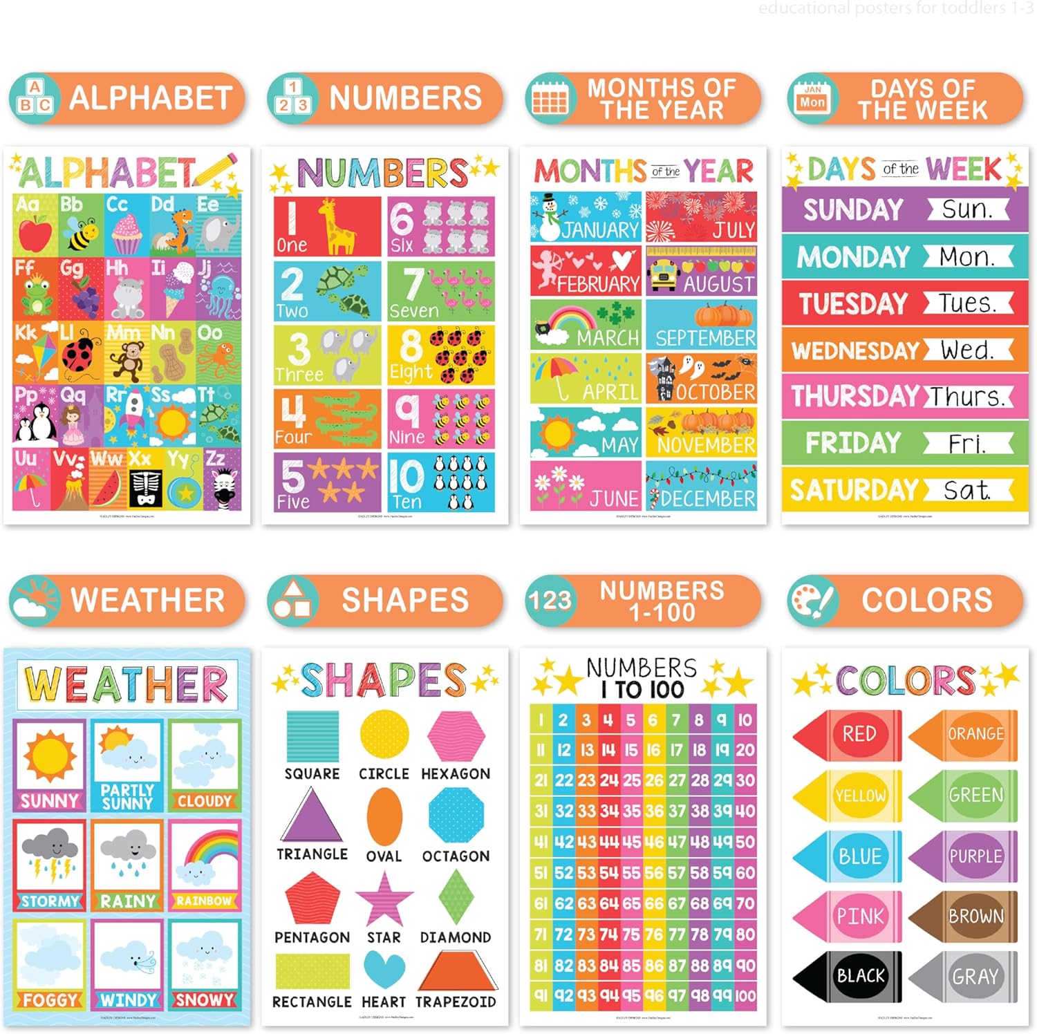 Hadley Designs 16 Educational Posters for Toddler Learning Activities - Alphabet Daycare Essentials, Laminated Pre-K Posters for Toddlers 1-3, Preschool Learning Activities, Rainbow Classroom Decor - Image 3