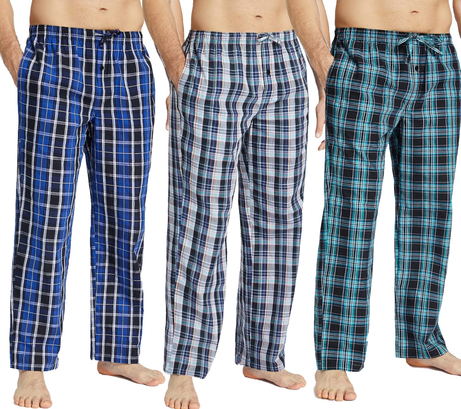 JupiterSecret Mens Pajama Pants Set Cotton Lightweight Plaid Sleep & Lounge Pants, PJ Bottoms with Pockets and Button Fly