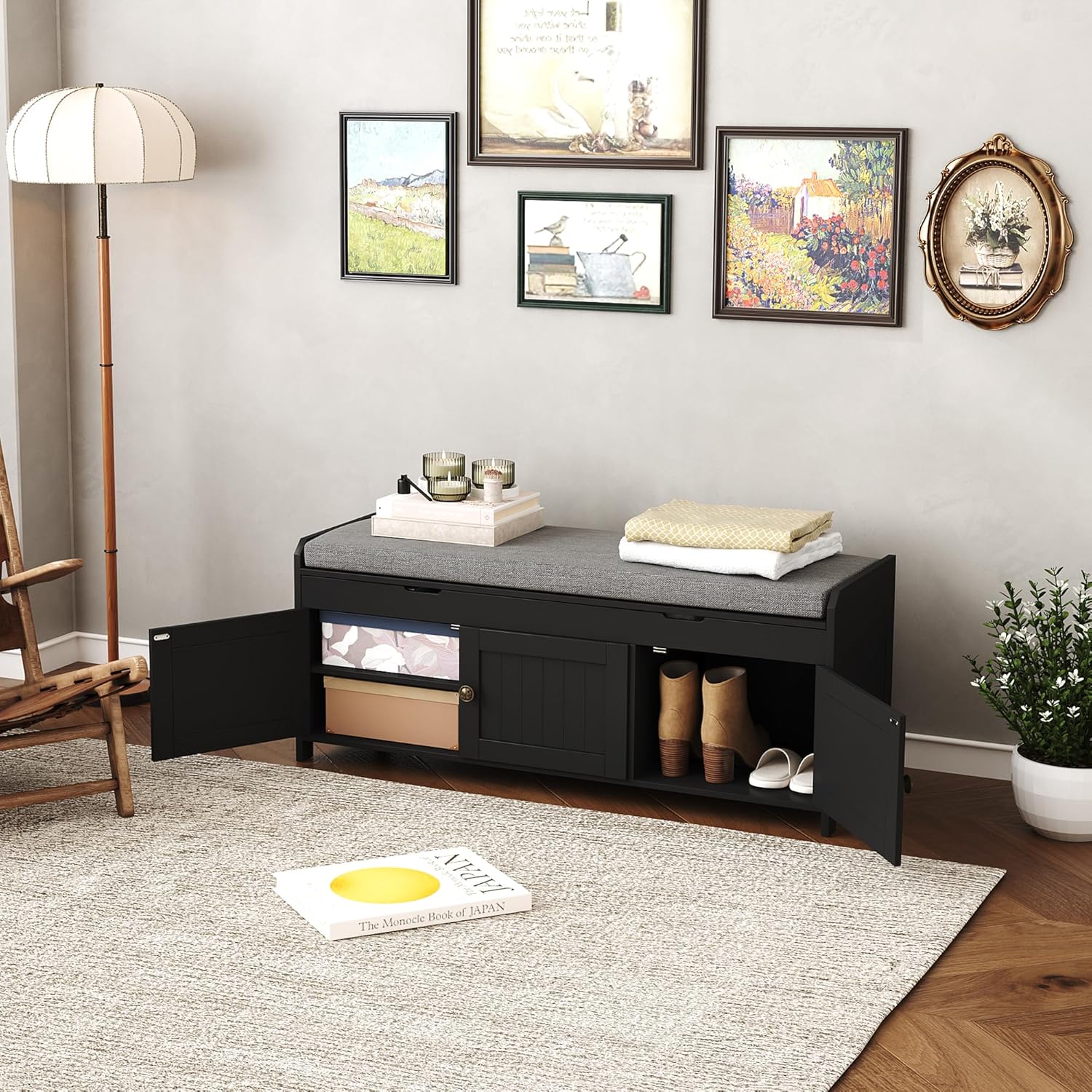 HOMEFORT 41.3" Shoe Bench with Lift Top Storage, Entryway Bench with Cushioned Seat, Wooden End of Bed Bench, Shoe Cabinet Bench with Hidden Storage Space, for Bedroom, Hallway,Black - Image 5