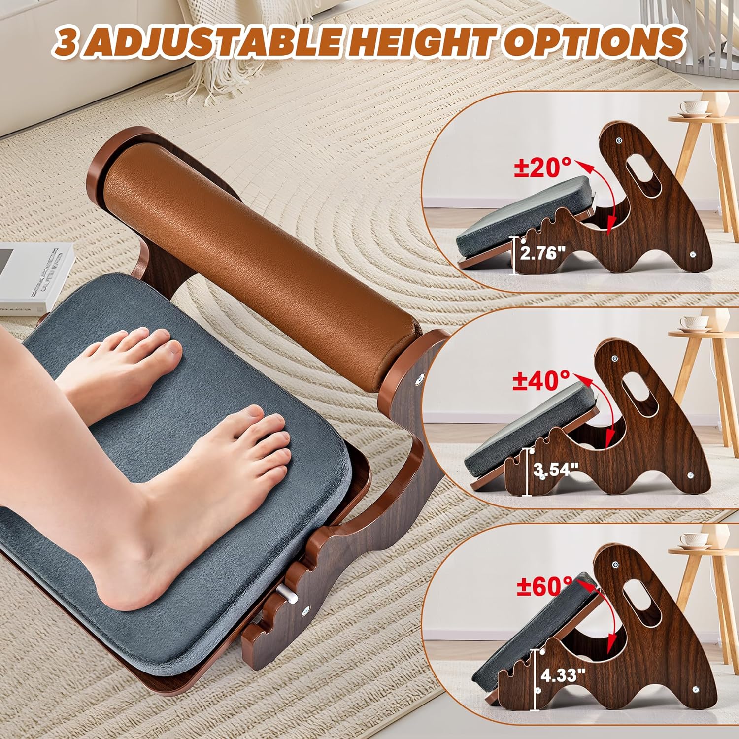Spacocld Foot Rest for Under Desk at Work- Adjustable Rocking Foot Stool with 3 Height Position and Soft Crossbar, Ergonomic Wooden Footrest with Soft Sponge Pad for Home, Office - Image 3
