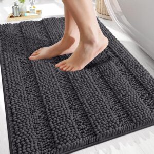 OLANLY Thick Bathroom Rugs 30×20, Extra Soft Absorbent Chenille Striped Bath Rugs, Rubber Backing, Machine Wash Dry, Bath Mats for Bathroom Floor, Tub and Shower, Home Decor Accessories, Dark Grey