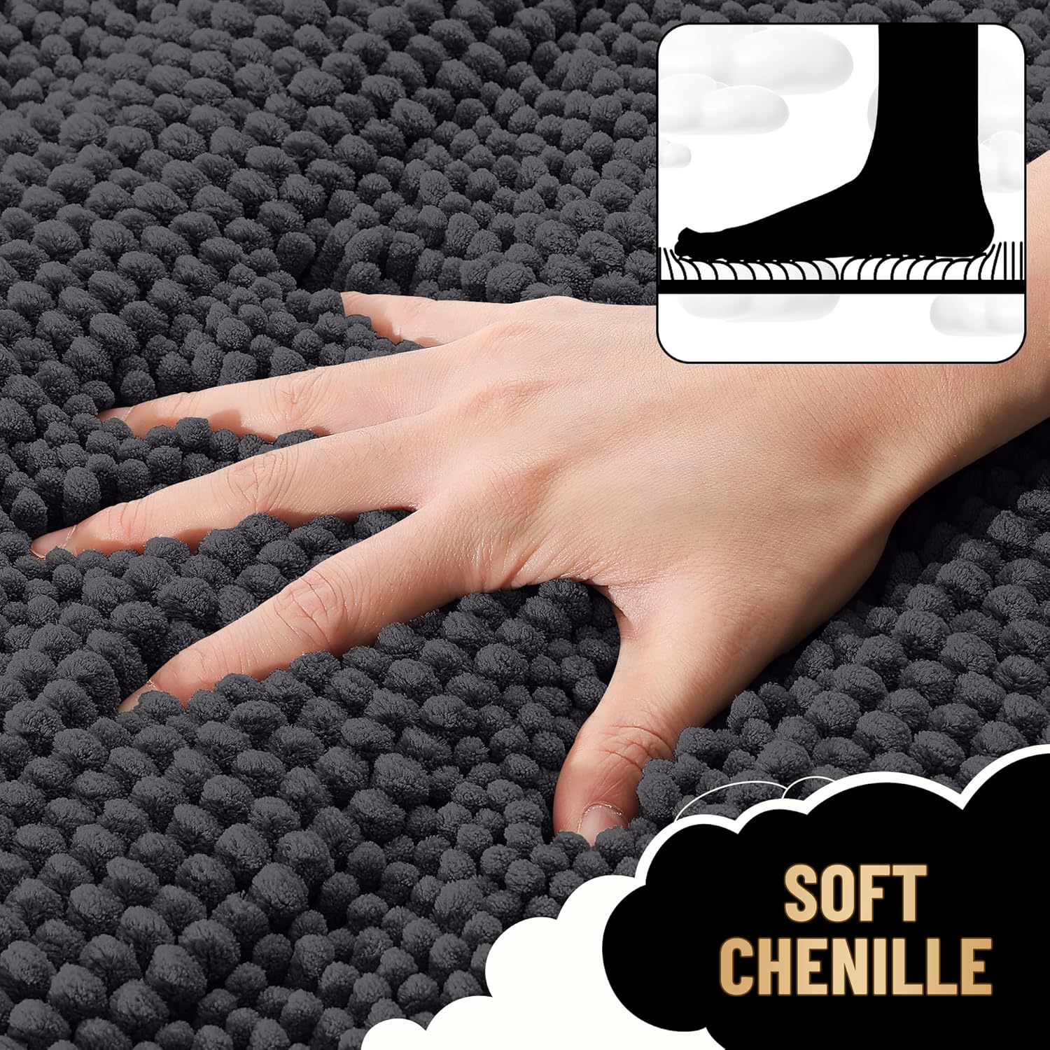 OLANLY Thick Bathroom Rugs 30x20, Extra Soft Absorbent Chenille Striped Bath Rugs, Rubber Backing, Machine Wash Dry, Bath Mats for Bathroom Floor, Tub and Shower, Home Decor Accessories, Dark Grey - Image 2