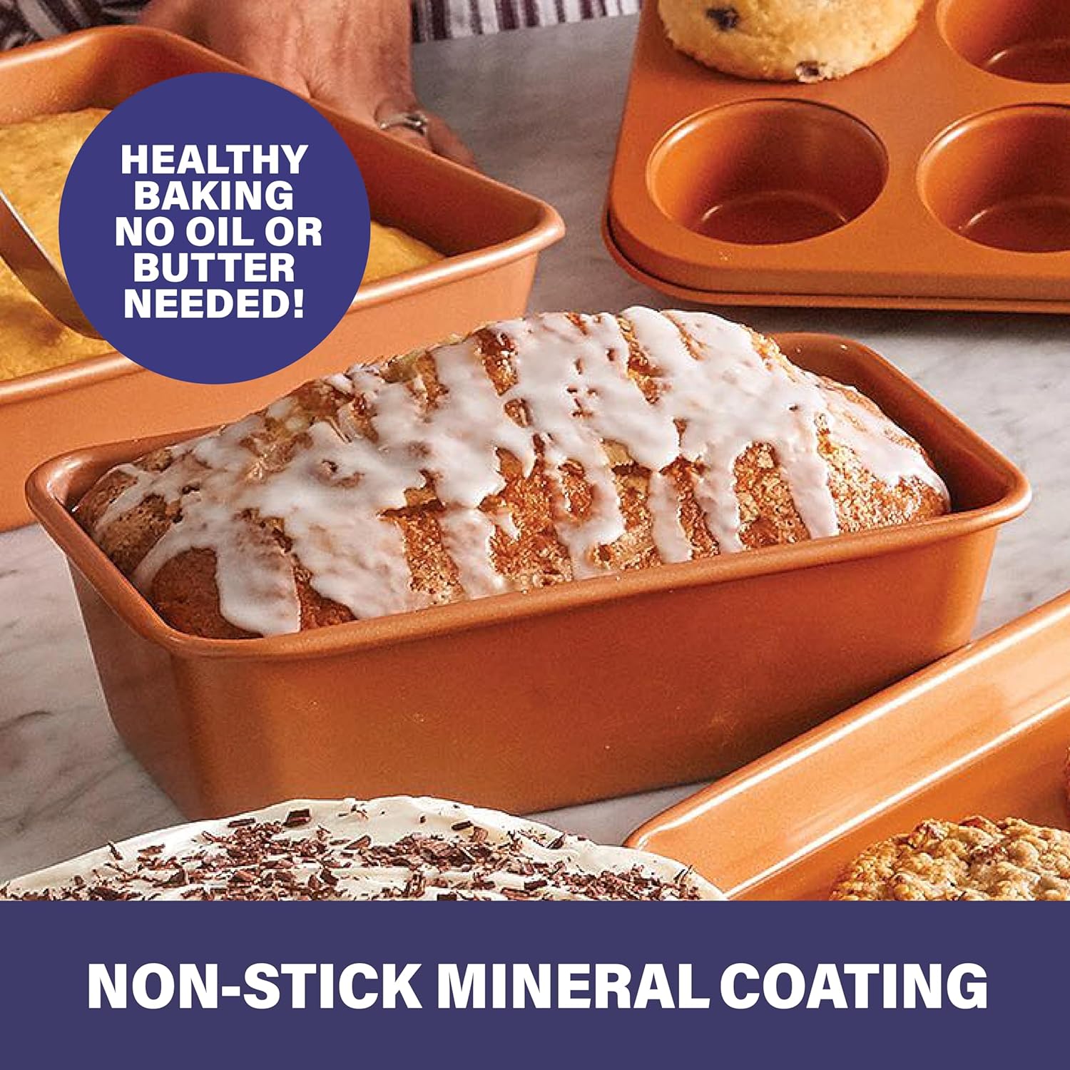 Gotham Steel Non Stick Ceramic Bakeware Set, 5 Piece No Warp & Dishwasher Safe Baking Set, Baking Pans Set with Round & Square Baking Pan, Muffin Pan, Loaf Pan & Baking Sheet for oven, 100% PFOA Free - Image 2