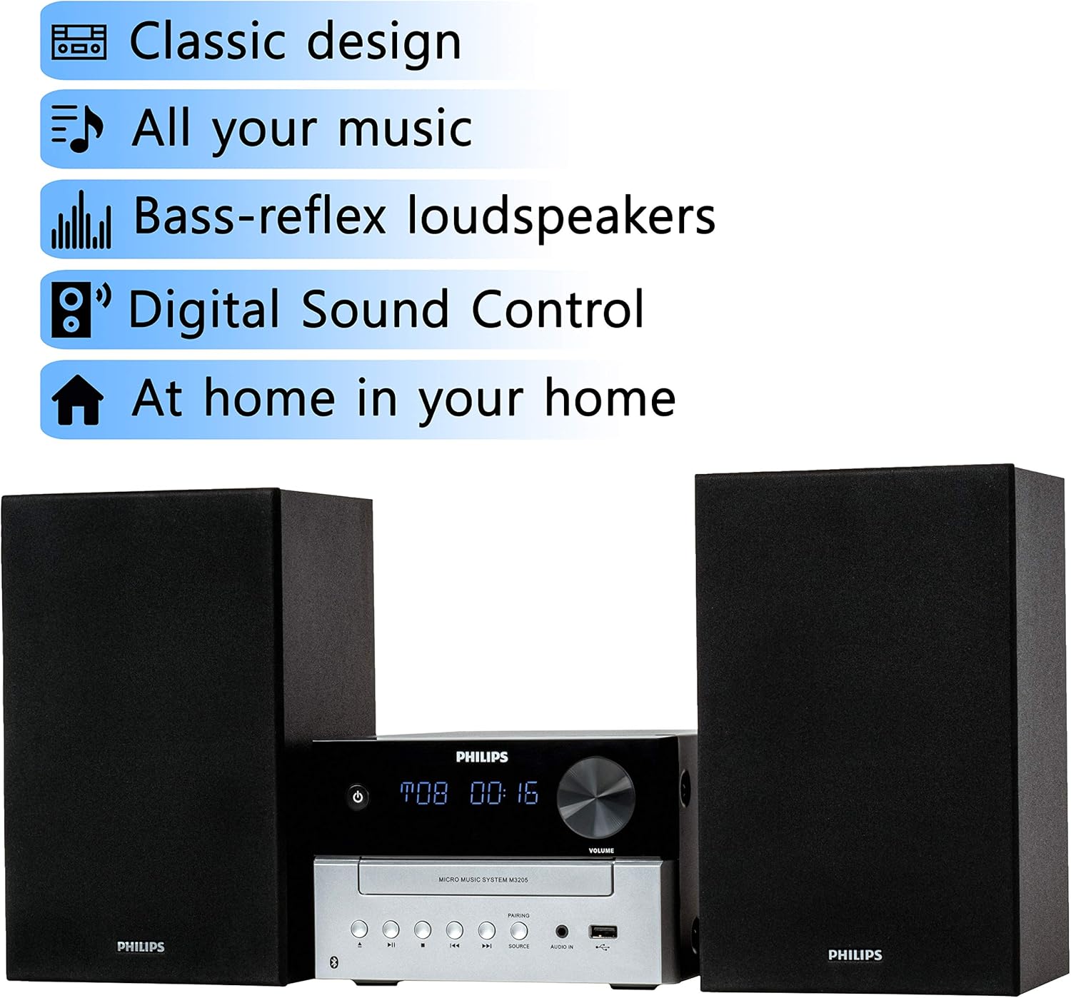 Philips Bluetooth Stereo System for Home with CD Player for Home, Wireless Streaming, MP3, USB, Audio in, FM Radio, 18W, Micro Music Sound System - Image 2
