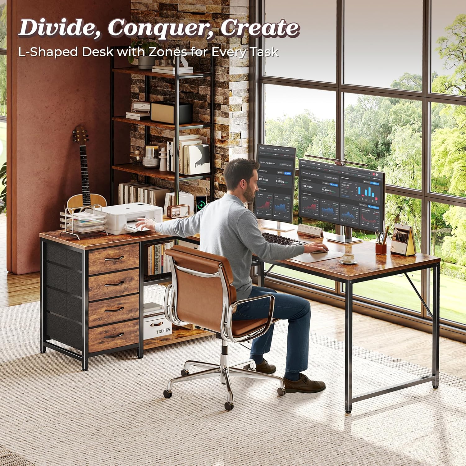 PRAISUN 61" L Shaped Desk with Power Outlets and USB-C Port, Reversible Computer Corner Office Desk with 4 Fabric Drawers and 2 Height-Adjustable Shelves, Large for Gaming Writing Study, Rustic Brown - Image 2