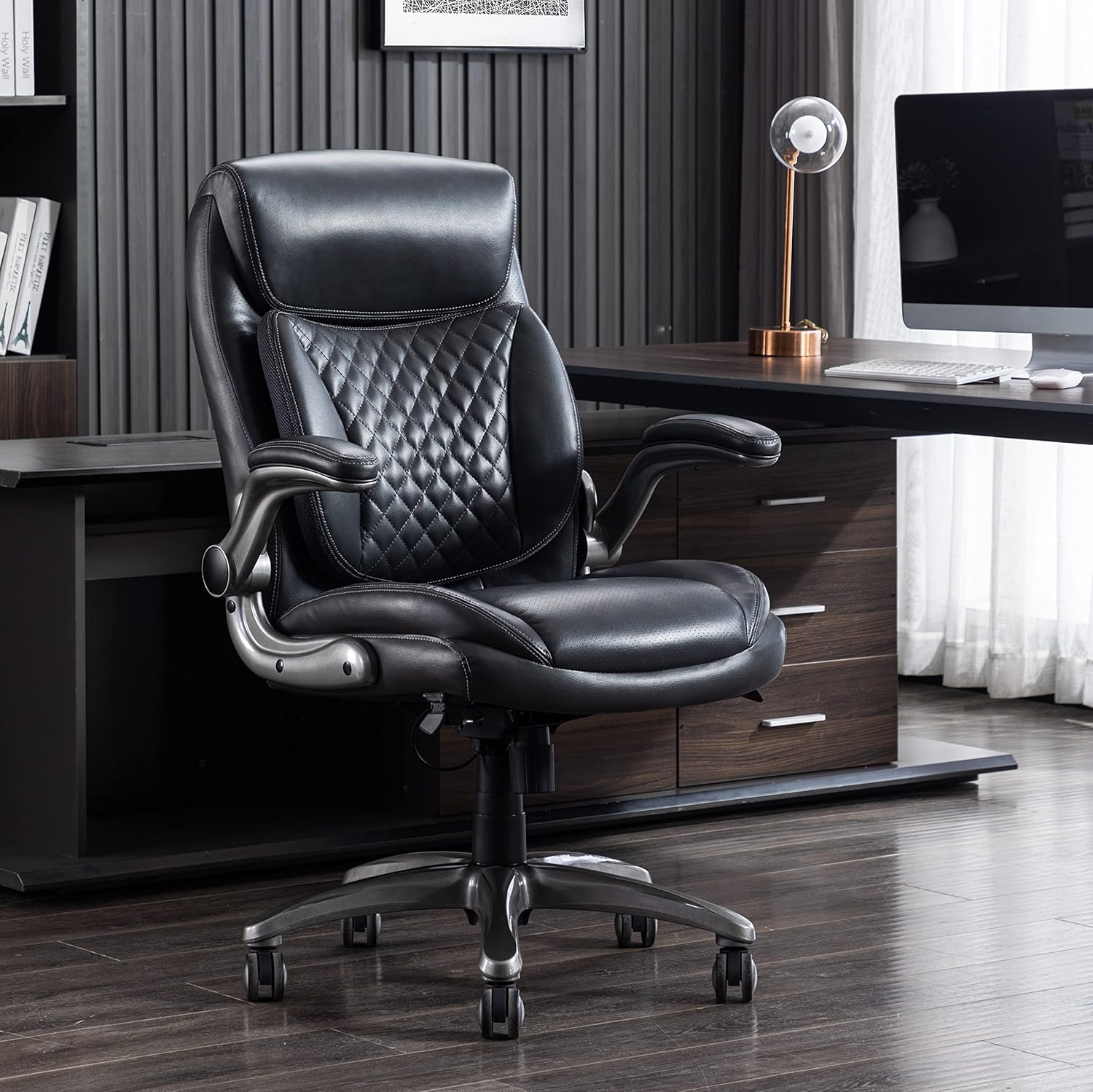 Amazon Basics Ergonomic Executive Office Chair with Adjustable Lumbar Support, Flip-up Arms, Height Adjustable, 360° Rolling Swivel, Computer Desk Chair, Grey Leather - Image 4