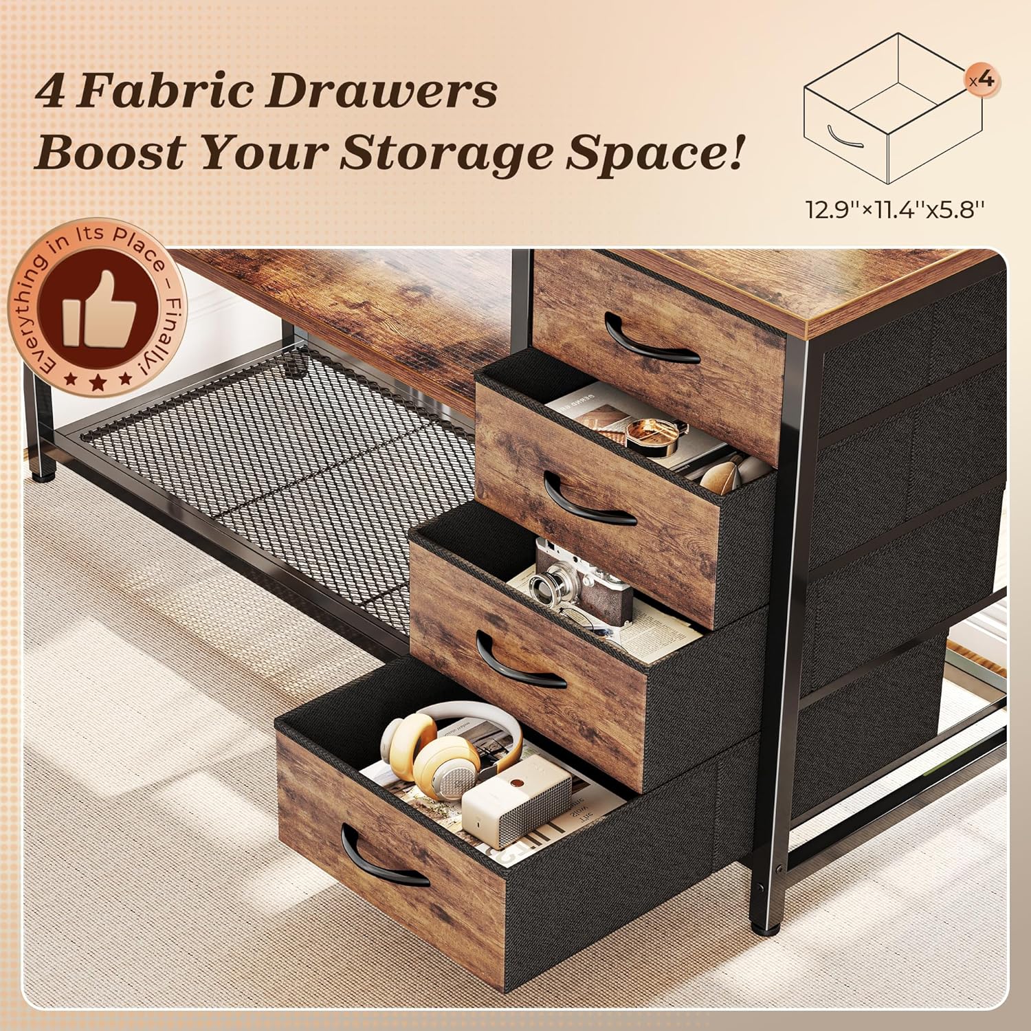 PRAISUN 61" L Shaped Desk with Power Outlets and USB-C Port, Reversible Computer Corner Office Desk with 4 Fabric Drawers and 2 Height-Adjustable Shelves, Large for Gaming Writing Study, Rustic Brown - Image 7