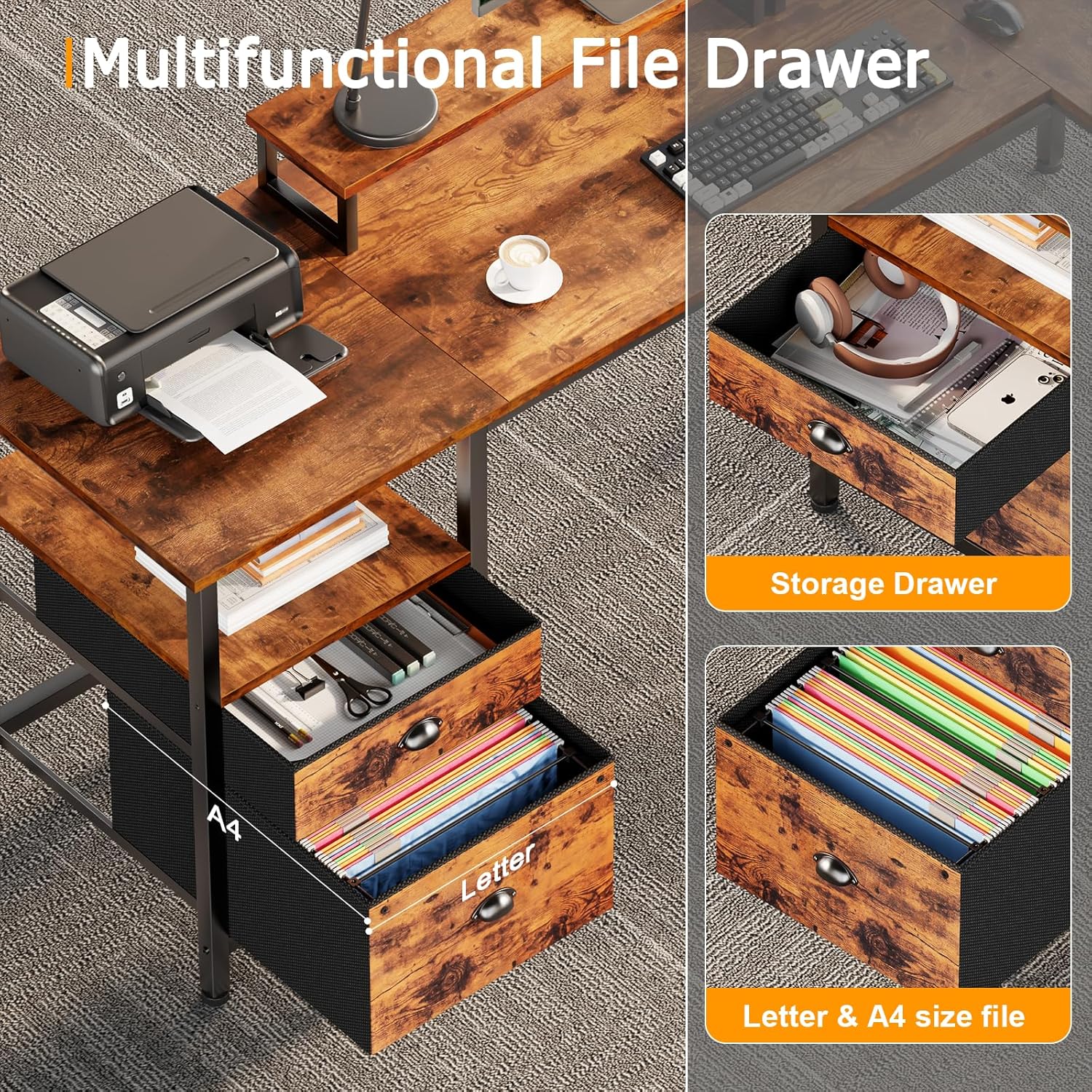 Furologee 66” L Shaped Desk with Power Outlet, Reversible Home Office Desk with File Drawer, 2 Monitor Stands, Storage Shelves, Corner Computer Table for Gaming, Writing, Rustic Brown - Image 6