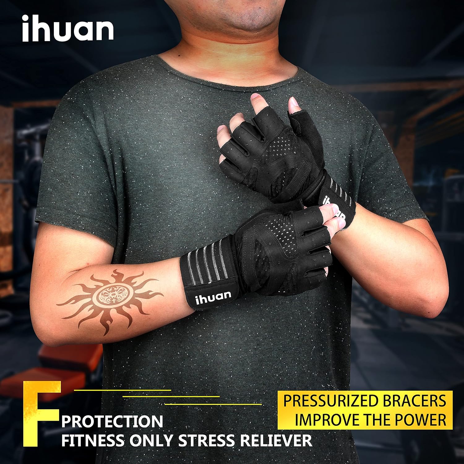 ihuan Ventilated Weight Lifting Gym Workout Gloves with Wrist Wrap Support for Men & Women, Full Palm Protection, for Weightlifting, Training, Fitness, Hanging, Pull ups - Image 2