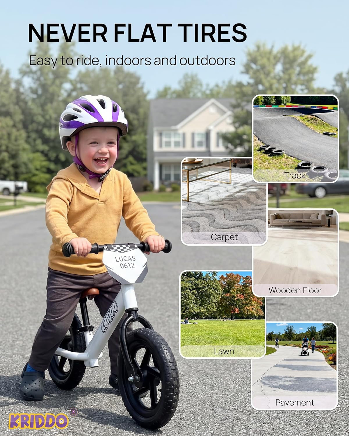 KRIDDO Toddler Balance Bike 2 Year Old, Age 24 Months to 5 Years Old, 12 Inch Push Bicycle with Customize Plate (3 Sets of Stickers Included), Gift Bike for 2-3 Boys Girls, White - Image 6
