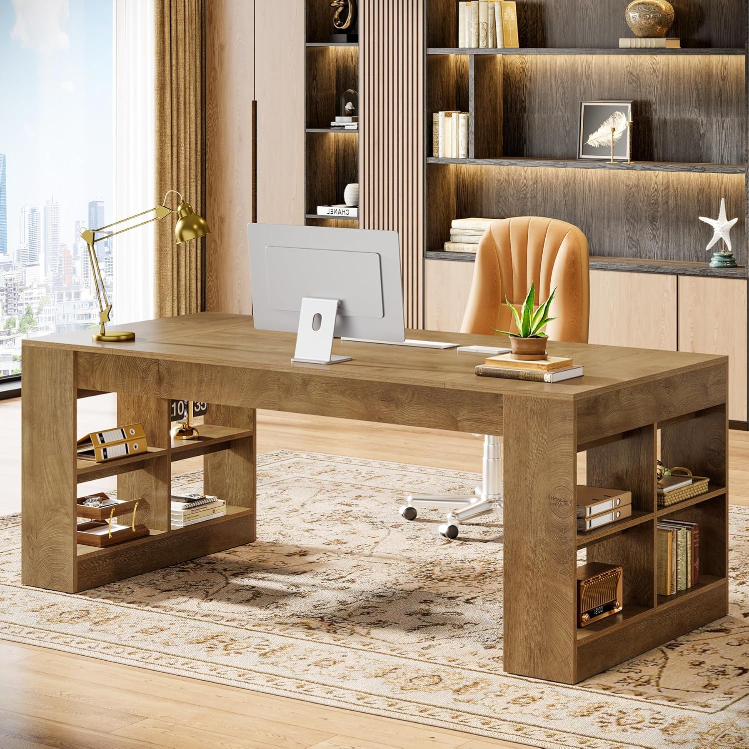 Tribesigns 70.9-Inch Executive Desk with Storage, Large Office Computer Desk with Shelves, Modern Wood Writing Table Business Furniture Workstation for Home Office, Rustic Brown