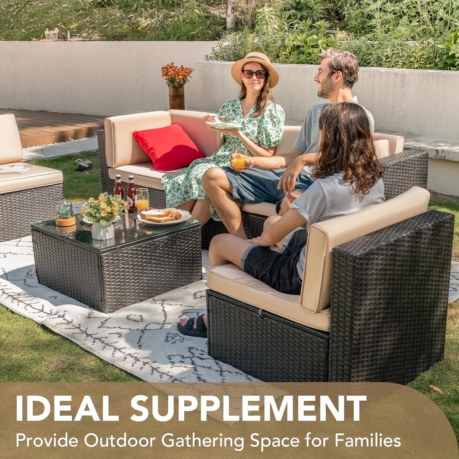 Devoko 5 Pieces Patio Furniture Sets All Weather Outdoor Sectional Patio Sofa Manual Weaving Wicker Rattan Patio Seating Sofas with Cushion and Glass Table (Beige) - Image 9
