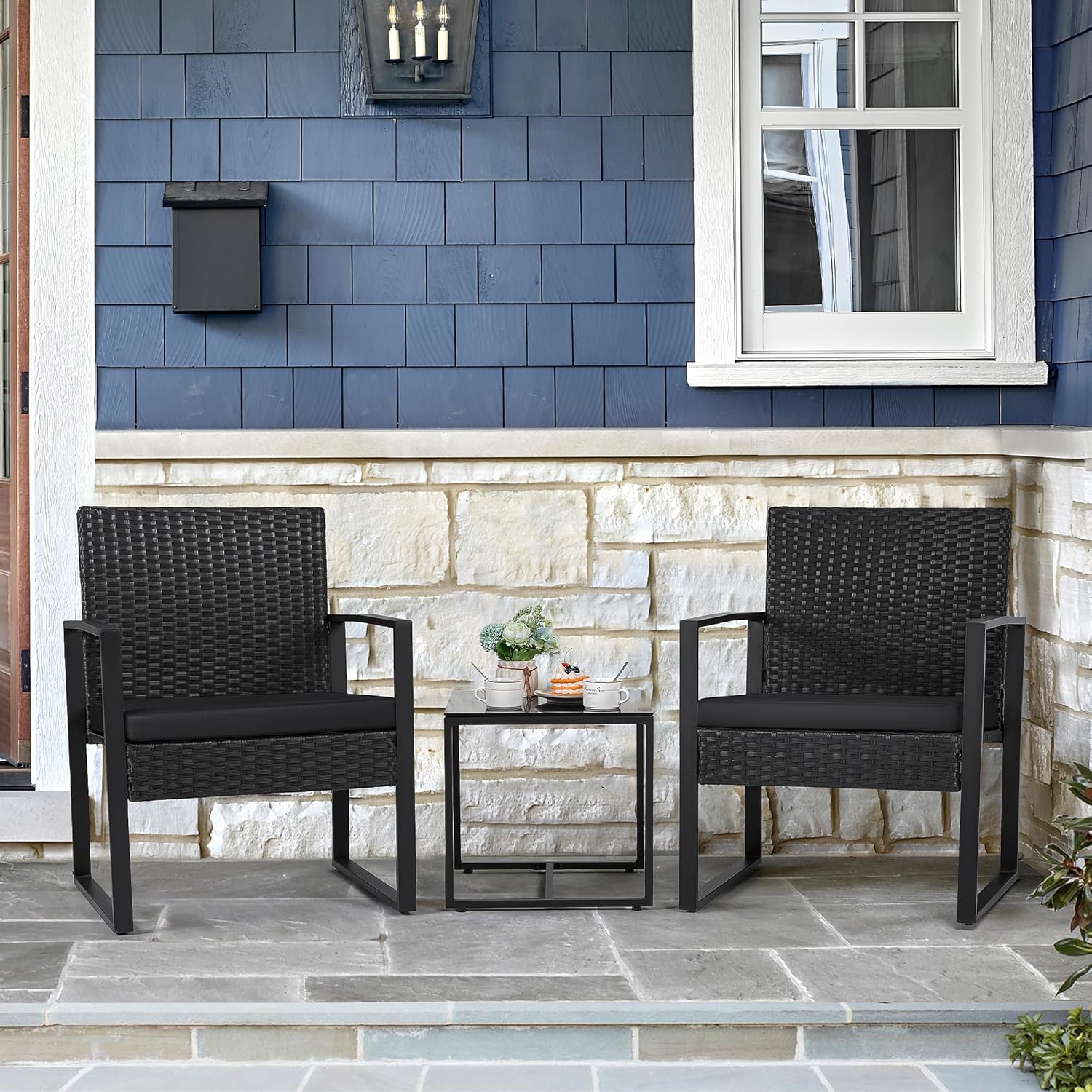 Flamaker 3 Pieces Outdoor Patio Wicker Furniture Set, Modern Rattan Chair Conversation Sets with Coffee Table for Yard and Bistro (Black) - Image 2