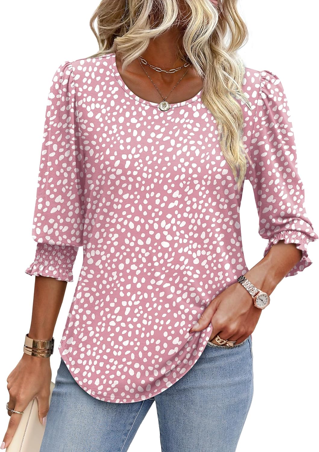 XIEERDUO Blouses for Women Dressy Casual 3/4 Length Sleeve Womens Tops with Smocked Cuffs - Image 2