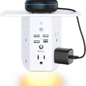 Wall Outlet Extender with Shelf and Night Light, Surge Protector, Wall Mount Charger Multi Plug Expander with 5 AC Outlets and 3 USB A Ports 1 USB C, Wide Space 3-Sided Power Strip Multi Plug Outlets