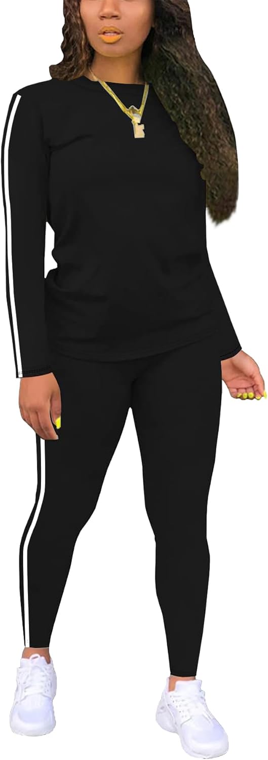 Women's 2 Piece Classic Striped Outfits Full Sleeve Lounge Long Sweatpants Jogger Matching Tracksuits Sports Sets