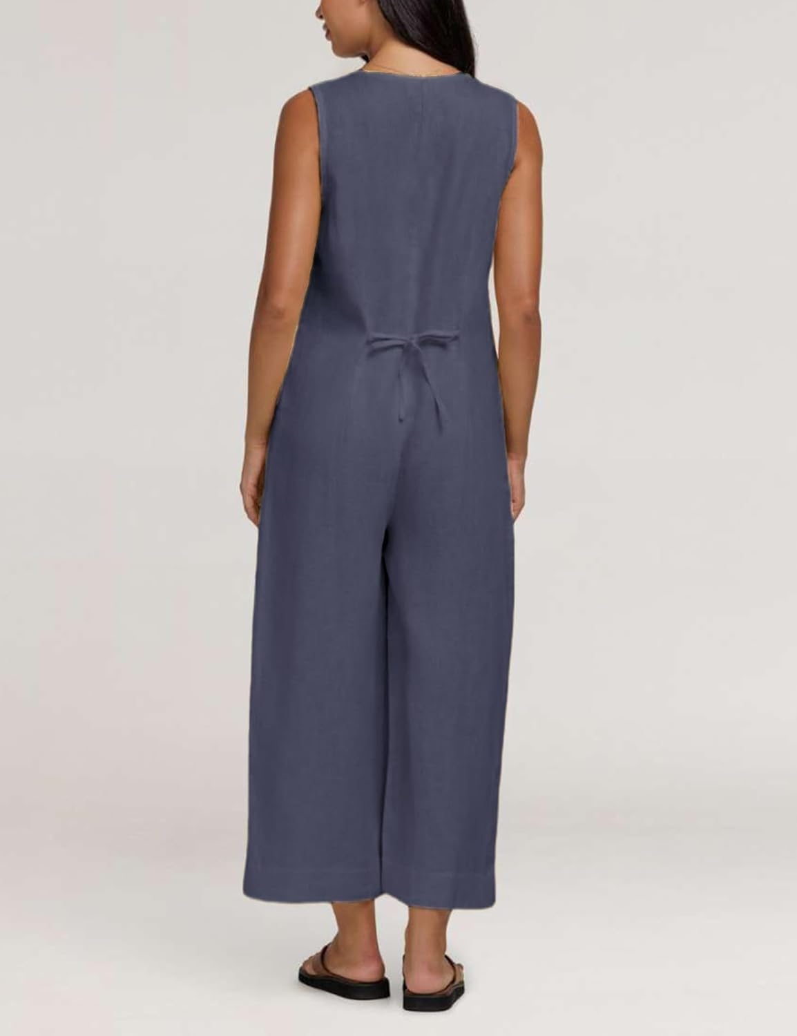 Yeokou Women Button Down Jumpsuits Cotton Linen Sleeveless Casual Wide Legs Rompers Loose Overall with Pockets - Image 5