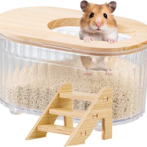 Transparent Oval Hamster Sand Bath Box for Hamster Cage Accessories, Digging Sand Container with Climbing Ladder, Large Sandbox for Hamsters Dust Bath and Play Sand, Large