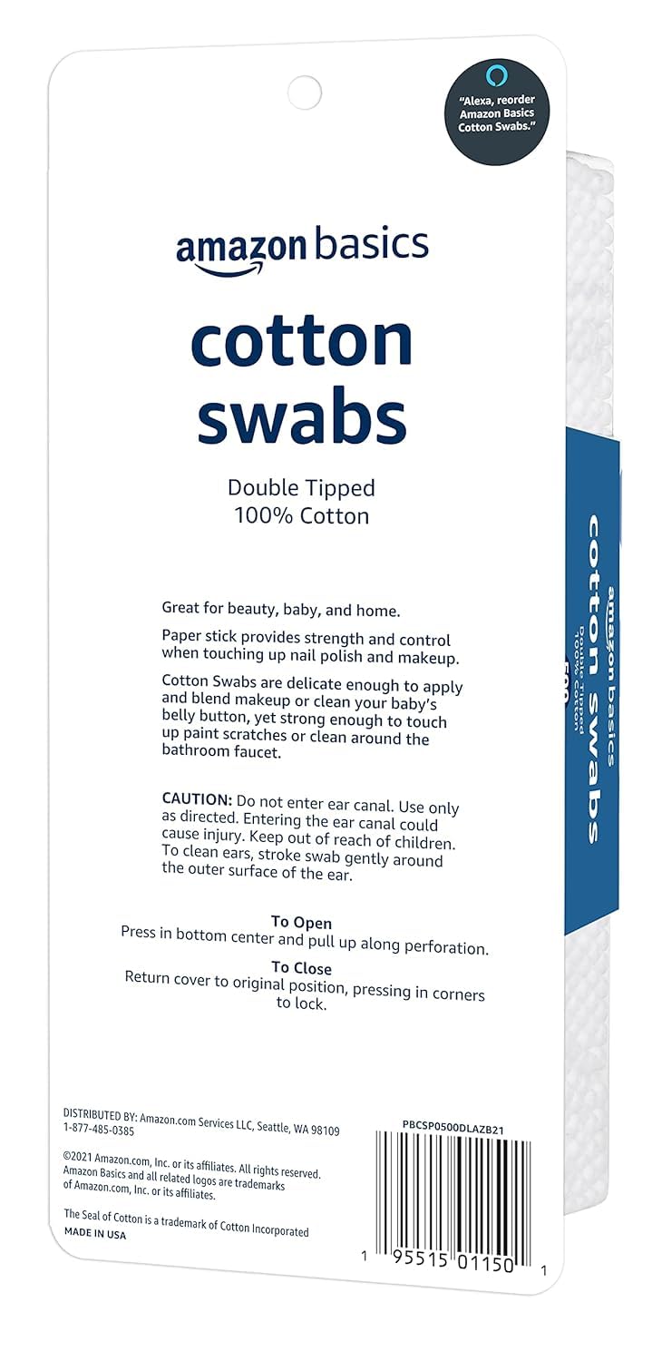 Amazon Basics Double-Tipped Cotton Swabs for Personal Hygiene and Baby Care, Cotton, Versatile, Baby Safe, 500 Count - Image 2