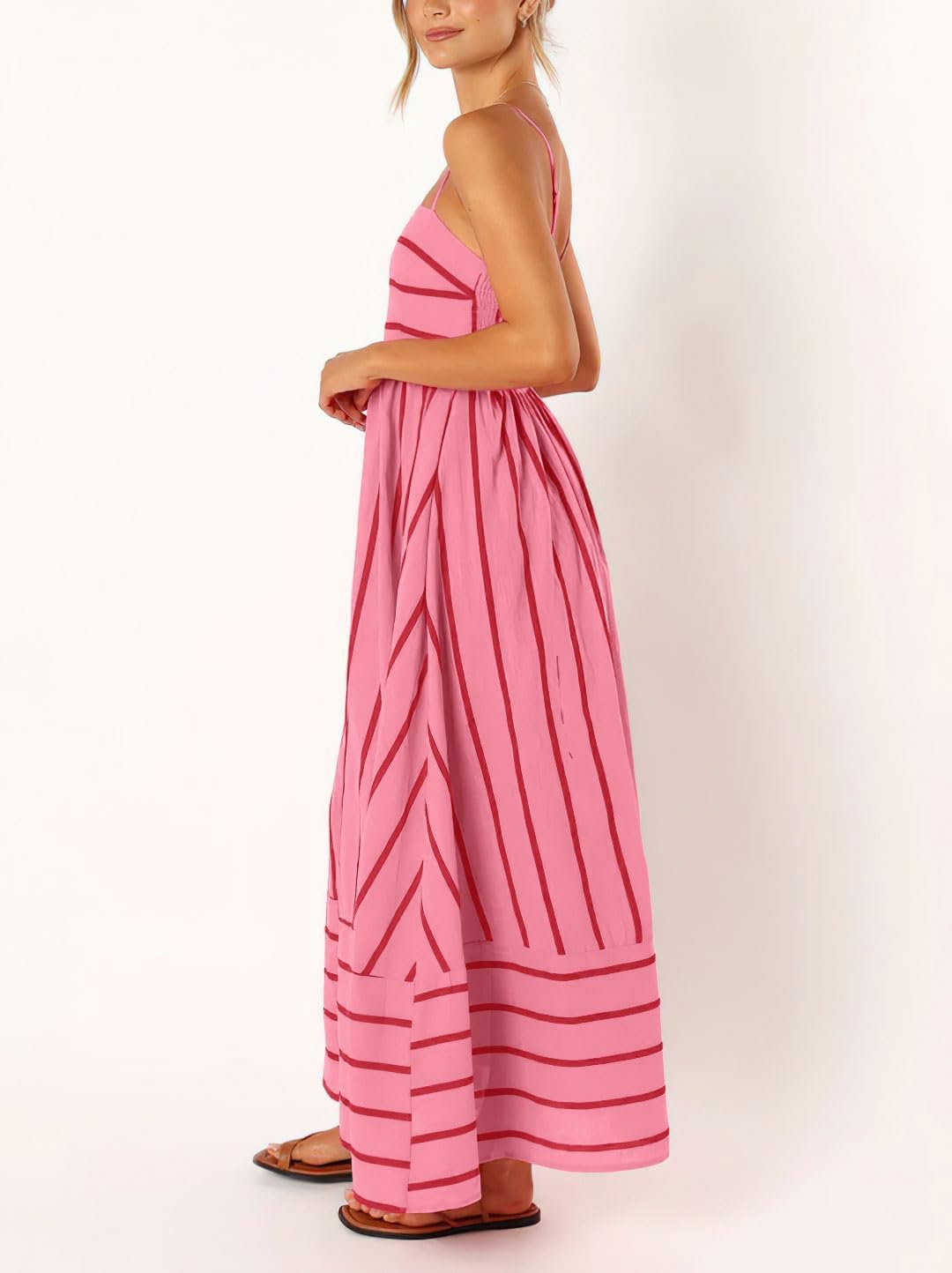 chouyatou Women's Striped Back Smocked Maxi Dress Sexy Spaghetti Strap Cut Out Flowy Swing Long Dress - Image 5