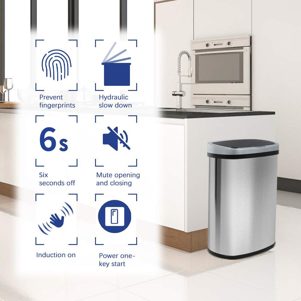 BestOffice | 13 Gallon Trash Can with Lid | Automatic Touchless Garbage Can | Odor Control | Modern Oval Design | Easy to Clean | Stainless Steel | Fits Any Kitchen, Bathroom, Office or Home - Image 3