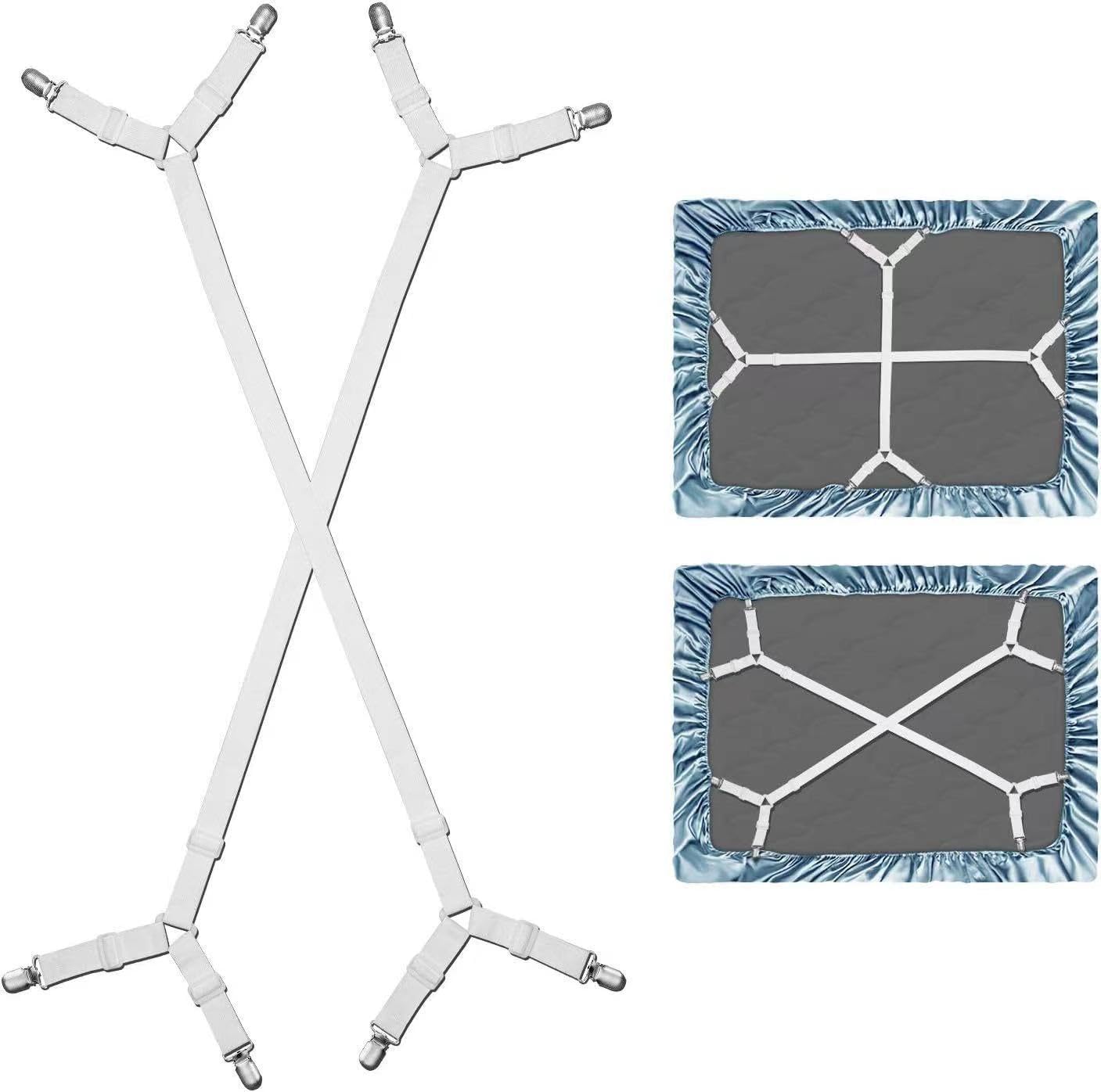 Bed Sheet Straps - Heavy Duty Crisscross Bed Sheet Holders for Corners & Sides - Adjustable Elastic Sheet Fasteners for Full Queen King Twin, Couch & Sofa Covers, 2 Pcs - White