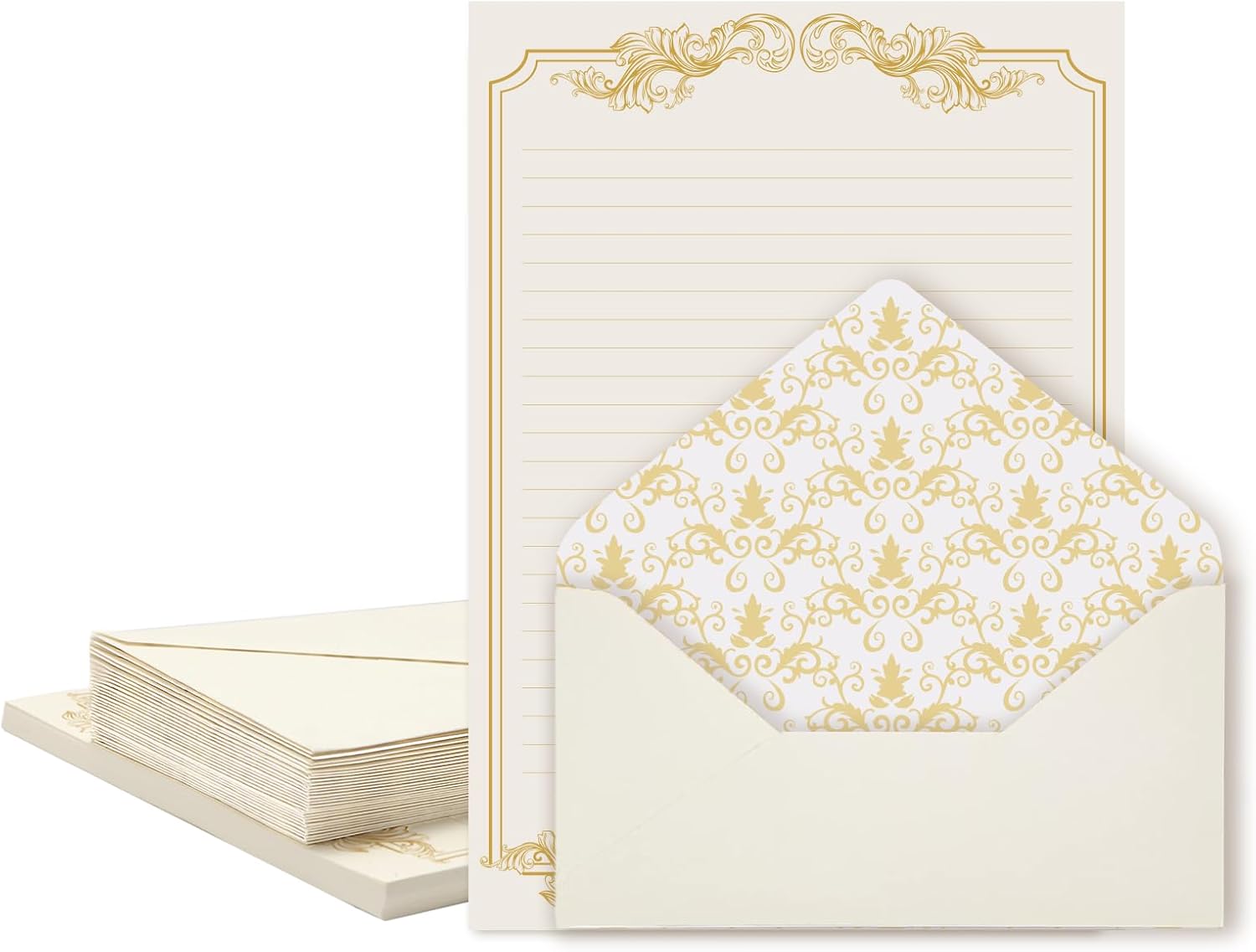 XXINMOH 90 Piece Stationery Set - 60 Vintage-Style Paper Sheets + 30 Envelopes, Gold Border Letter Writing Paper for Love Letters & Party Invitations