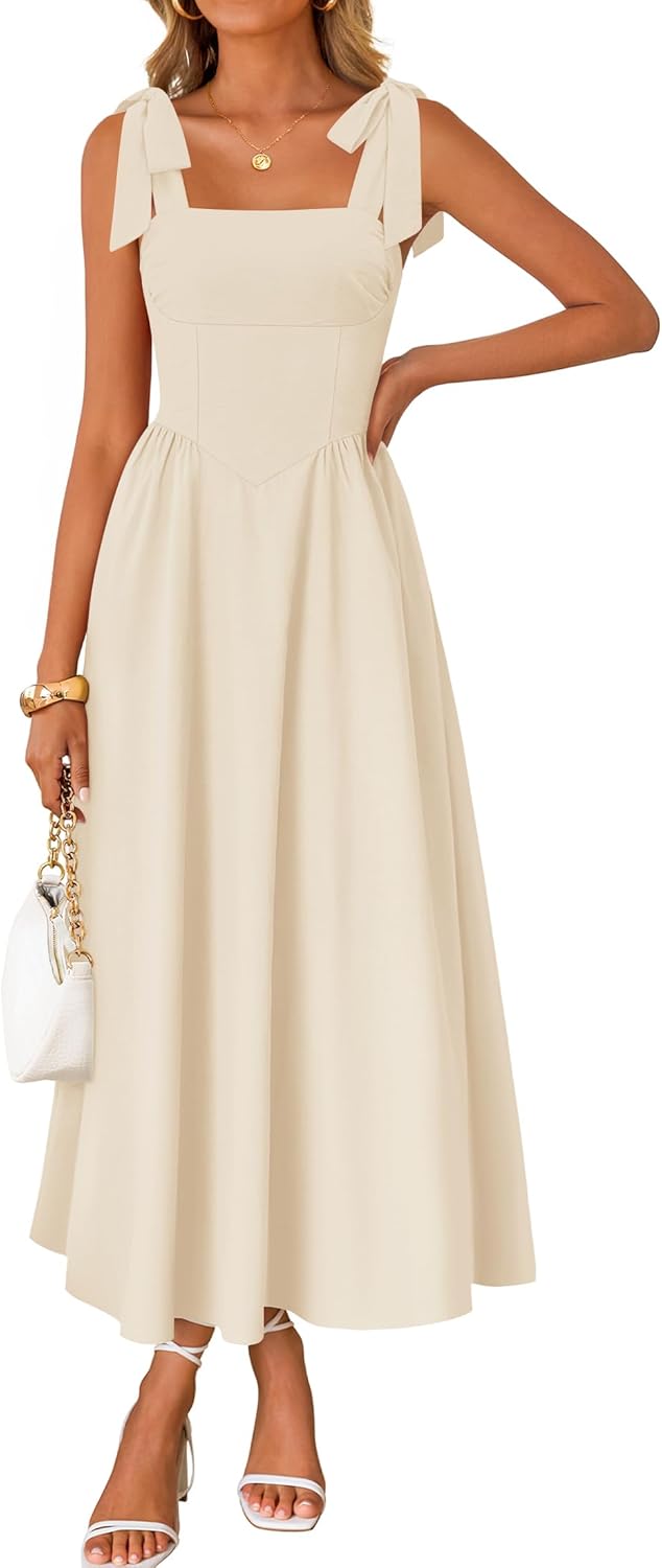ZESICA Women's Summer Spaghetti Strap Maxi Dress 2026 Tie Shoulder Square Neck Flowy Wedding Guest Party Beach Long Dresses