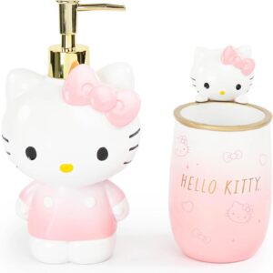 Jay Franco Hello Kitty Tumbler and Soap Dispenser Set – 2 Piece Pink Collection Includes Resin Lotion Pump and Cup – Bathroom Décor