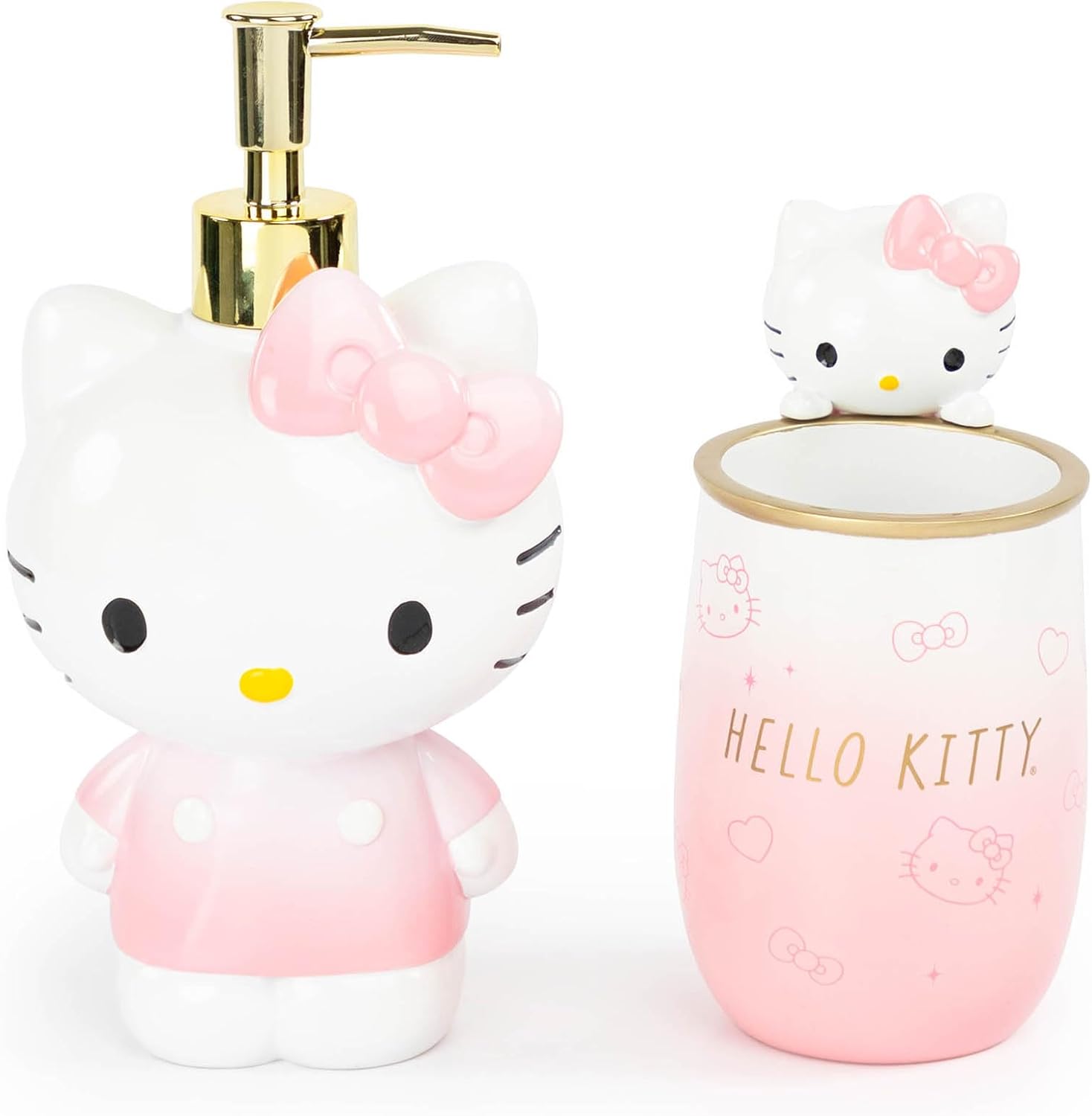 Jay Franco Hello Kitty Tumbler and Soap Dispenser Set - 2 Piece Pink Collection Includes Resin Lotion Pump and Cup - Bathroom Décor