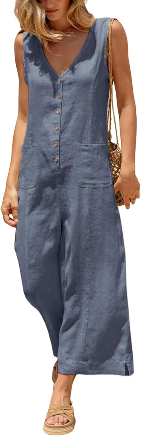 Yeokou Women Button Down Jumpsuits Cotton Linen Sleeveless Casual Wide Legs Rompers Loose Overall with Pockets